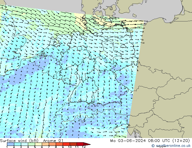 Vent 10 m (bft) Arome 01 lun 03.06.2024 08 UTC