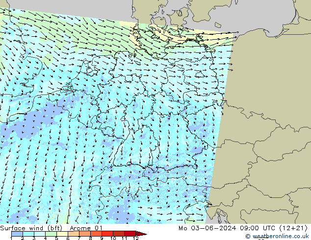 Wind 10 m (bft) Arome 01 ma 03.06.2024 09 UTC