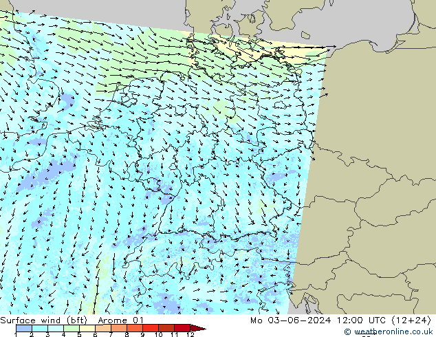 Rüzgar 10 m (bft) Arome 01 Pzt 03.06.2024 12 UTC