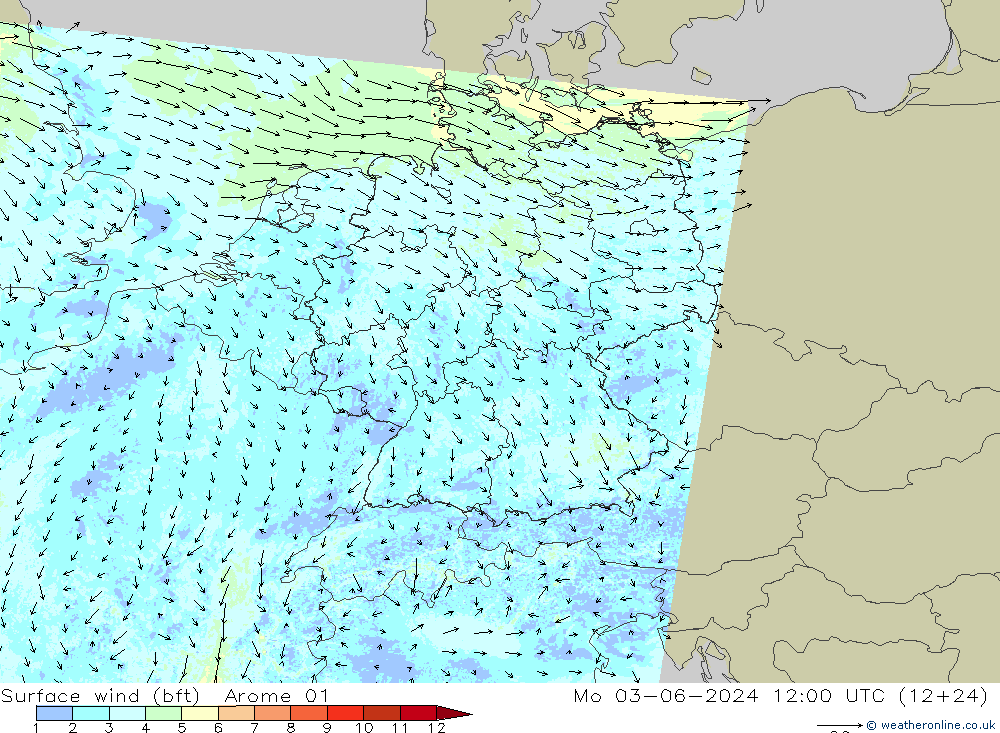 Wind 10 m (bft) Arome 01 ma 03.06.2024 12 UTC