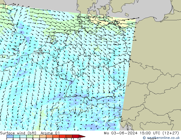 Viento 10 m (bft) Arome 01 lun 03.06.2024 15 UTC