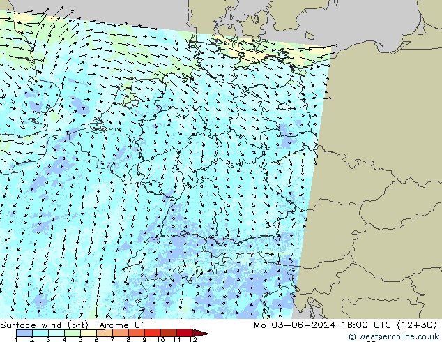 Vent 10 m (bft) Arome 01 lun 03.06.2024 18 UTC