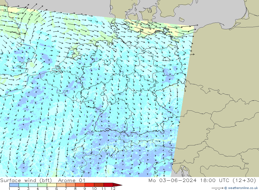 wiatr 10 m (bft) Arome 01 pon. 03.06.2024 18 UTC