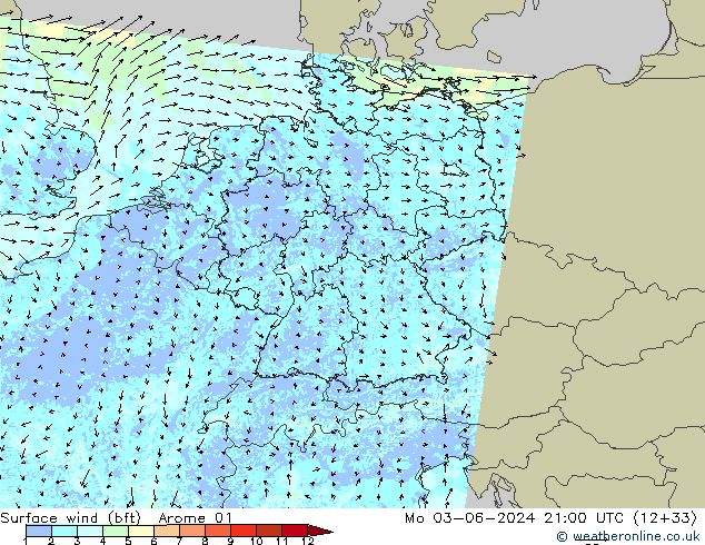 Vento 10 m (bft) Arome 01 lun 03.06.2024 21 UTC