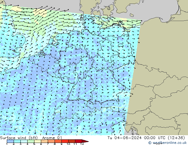 Surface wind (bft) Arome 01 Út 04.06.2024 00 UTC