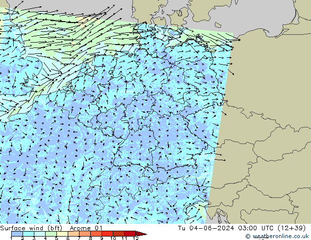 Wind 10 m (bft) Arome 01 di 04.06.2024 03 UTC