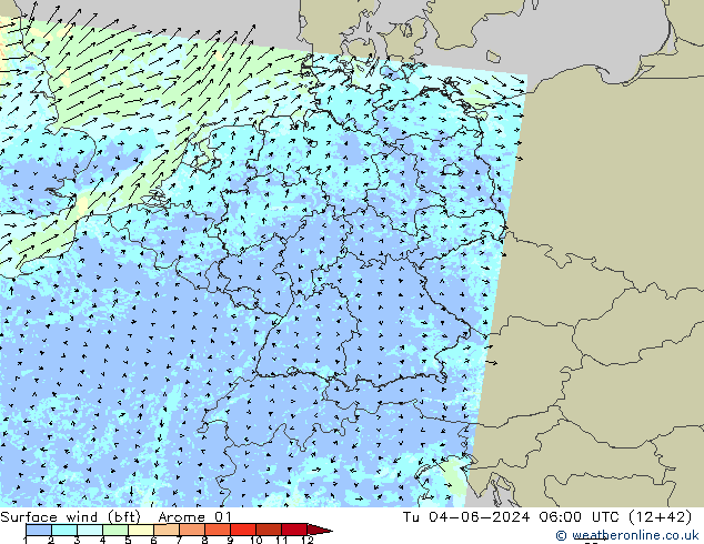 Rüzgar 10 m (bft) Arome 01 Sa 04.06.2024 06 UTC