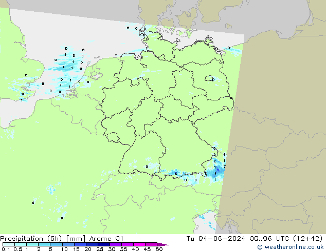 Totale neerslag (6h) Arome 01 di 04.06.2024 06 UTC