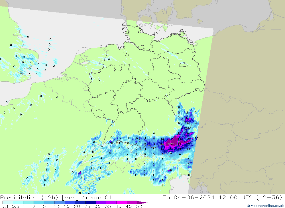 Precipitation (12h) Arome 01 Tu 04.06.2024 00 UTC