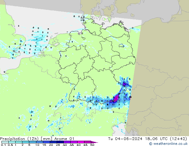 Precipitation (12h) Arome 01 Tu 04.06.2024 06 UTC