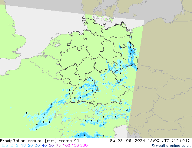 Précipitation accum. Arome 01 dim 02.06.2024 13 UTC