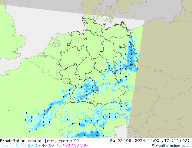 Precipitation accum. Arome 01 Ne 02.06.2024 14 UTC