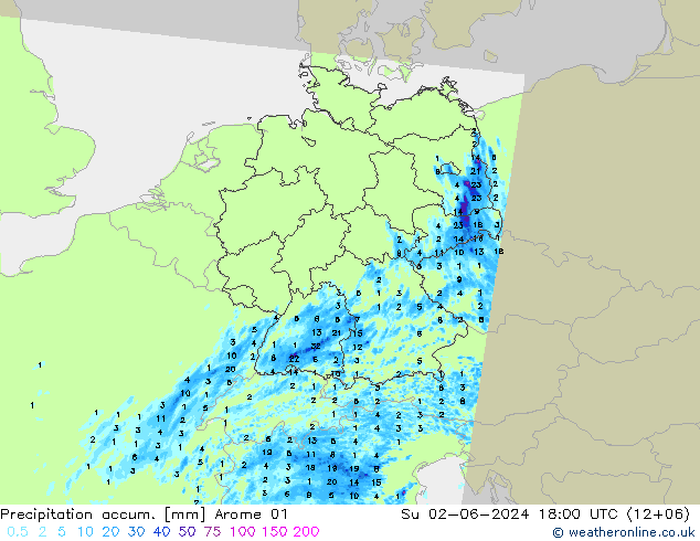 Precipitation accum. Arome 01 dom 02.06.2024 18 UTC