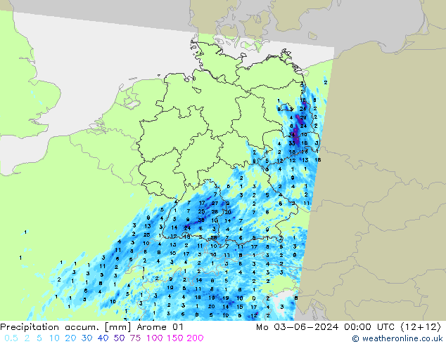 Precipitation accum. Arome 01 pon. 03.06.2024 00 UTC