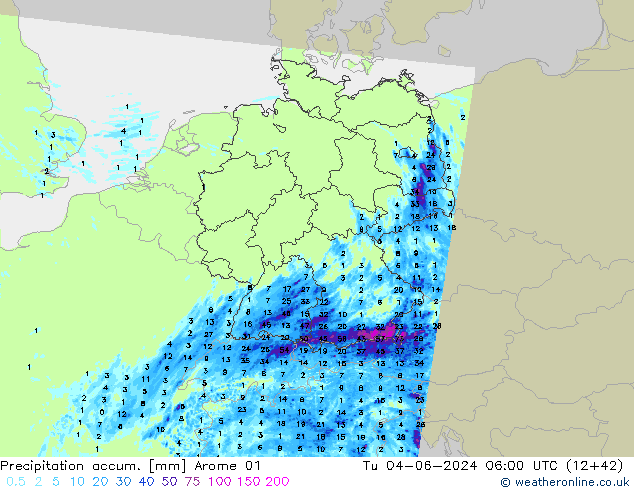 Totale neerslag Arome 01 di 04.06.2024 06 UTC