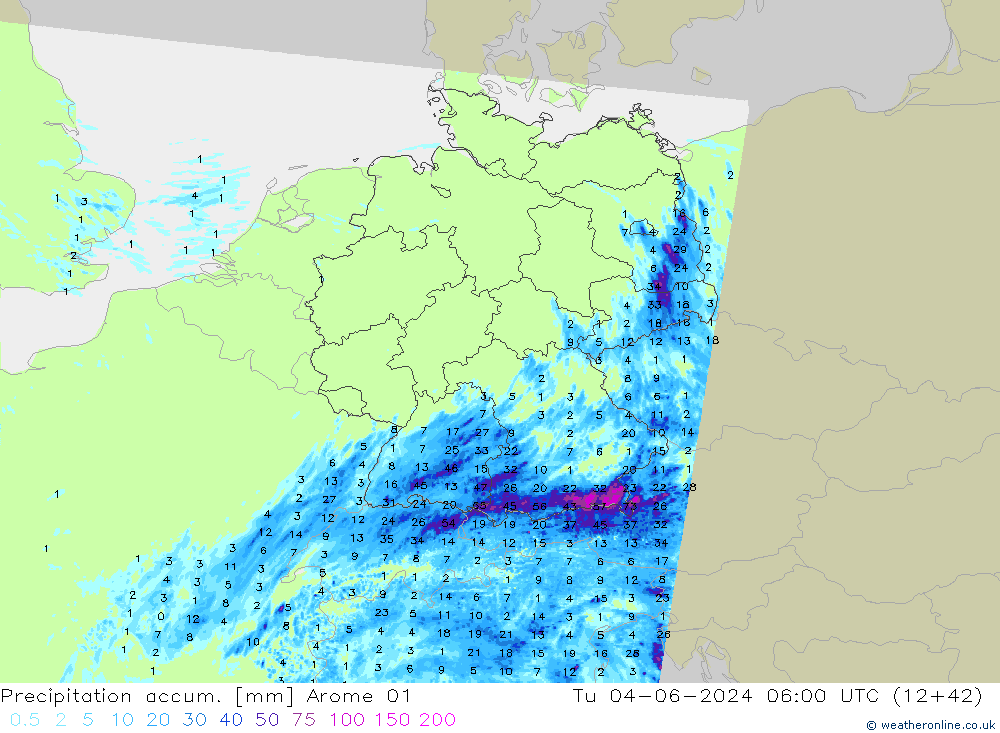 Nied. akkumuliert Arome 01 Di 04.06.2024 06 UTC