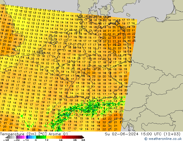 Temperature (2m) Arome 01 Su 02.06.2024 15 UTC