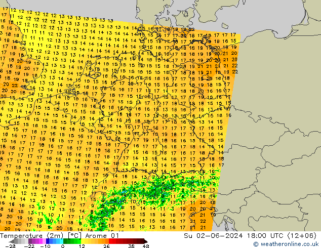 Temperaturkarte (2m) Arome 01 So 02.06.2024 18 UTC