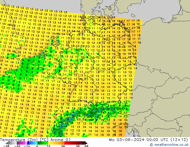 Temperatuurkaart (2m) Arome 01 ma 03.06.2024 00 UTC