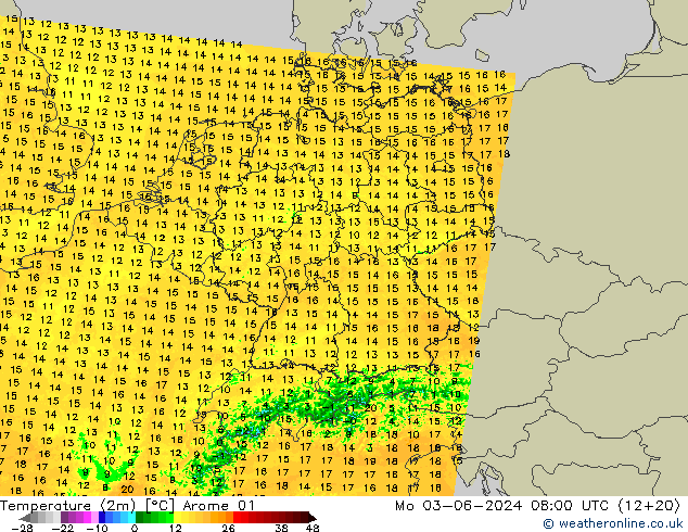 température (2m) Arome 01 lun 03.06.2024 08 UTC