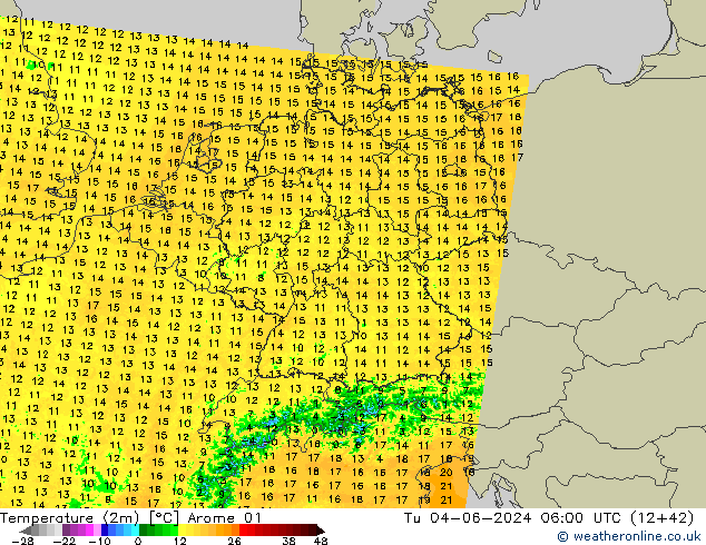 Temperatuurkaart (2m) Arome 01 di 04.06.2024 06 UTC