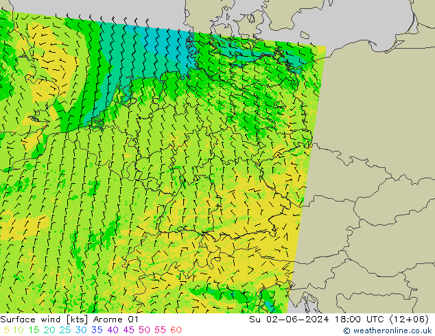 风 10 米 Arome 01 星期日 02.06.2024 18 UTC