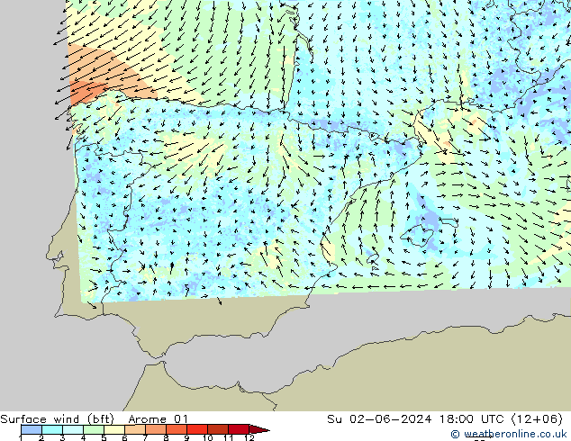 Surface wind (bft) Arome 01 Su 02.06.2024 18 UTC