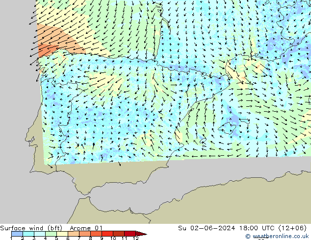  10 m (bft) Arome 01  02.06.2024 18 UTC