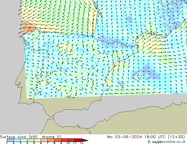  10 m (bft) Arome 01  03.06.2024 18 UTC