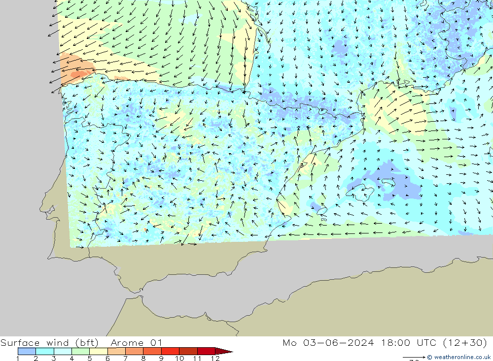 Vento 10 m (bft) Arome 01 lun 03.06.2024 18 UTC