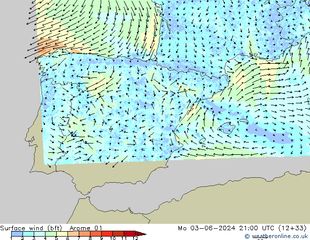 Surface wind (bft) Arome 01 Mo 03.06.2024 21 UTC