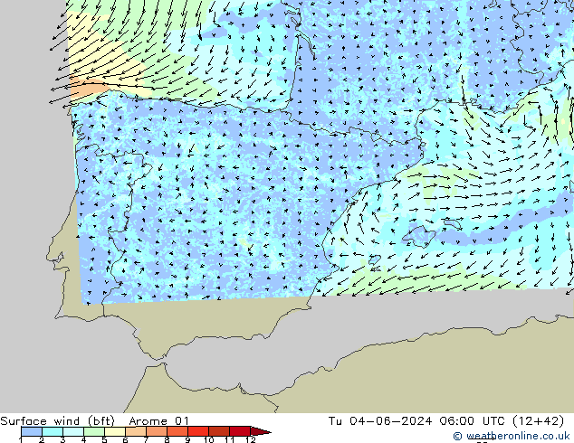 Vent 10 m (bft) Arome 01 mar 04.06.2024 06 UTC