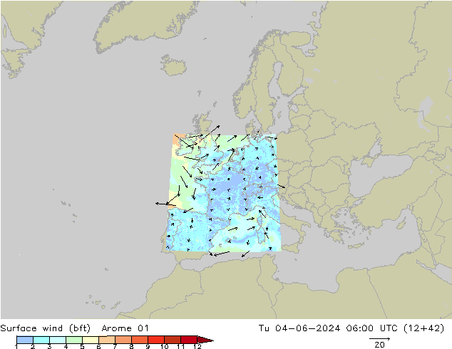 Surface wind (bft) Arome 01 Út 04.06.2024 06 UTC