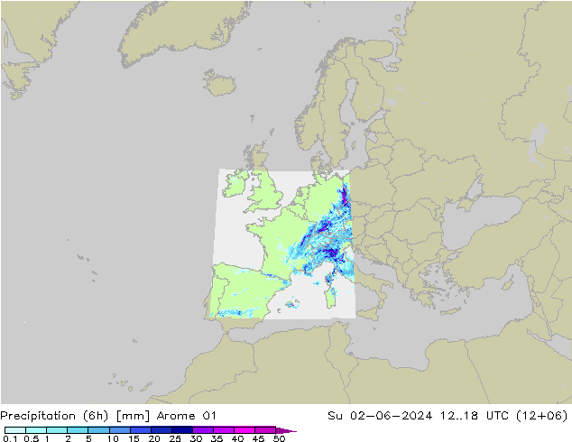 Totale neerslag (6h) Arome 01 zo 02.06.2024 18 UTC