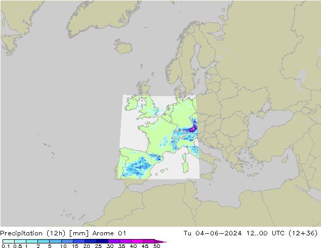 Precipitazione (12h) Arome 01 mar 04.06.2024 00 UTC