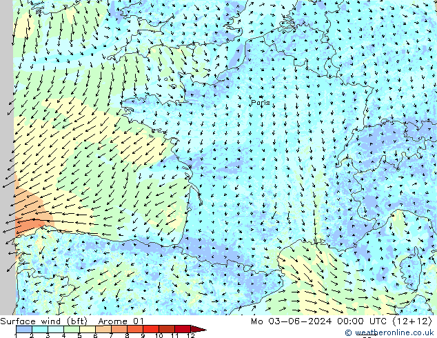 Vent 10 m (bft) Arome 01 lun 03.06.2024 00 UTC