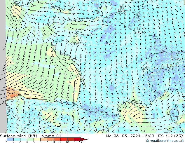 Surface wind (bft) Arome 01 Mo 03.06.2024 18 UTC