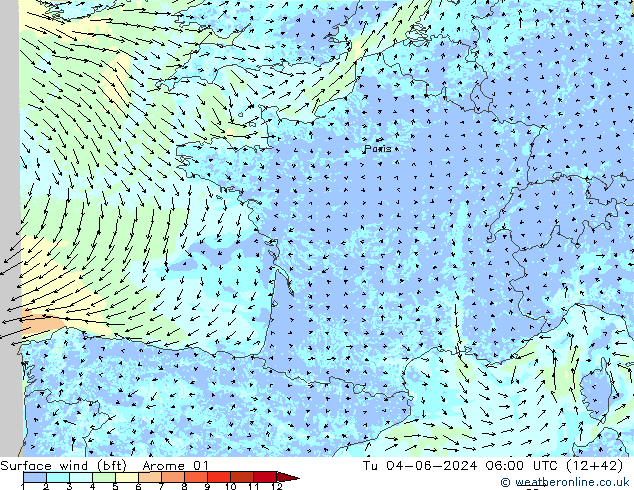 Viento 10 m (bft) Arome 01 mar 04.06.2024 06 UTC