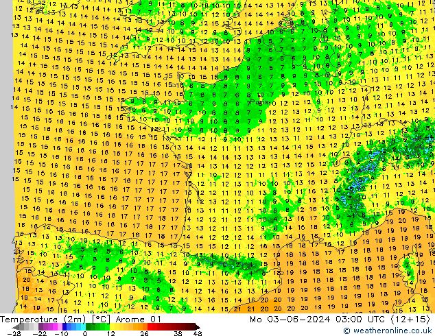 Temperature (2m) Arome 01 Mo 03.06.2024 03 UTC