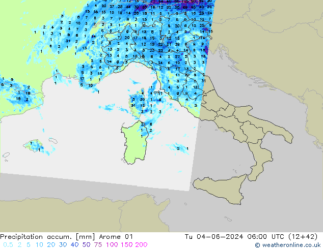 Precipitation accum. Arome 01  04.06.2024 06 UTC