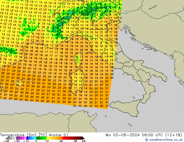 Sıcaklık Haritası (2m) Arome 01 Pzt 03.06.2024 06 UTC
