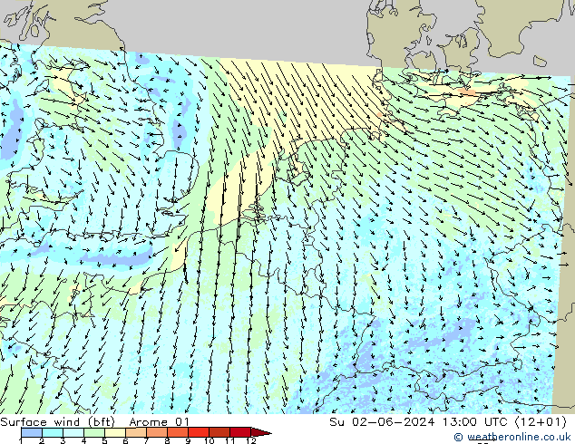 Bodenwind (bft) Arome 01 So 02.06.2024 13 UTC