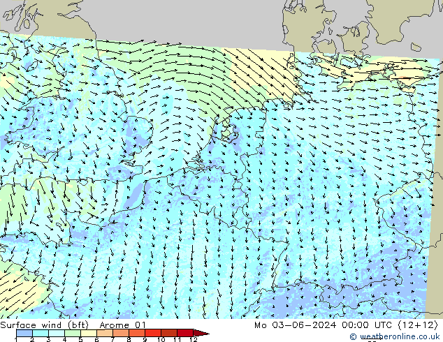 Wind 10 m (bft) Arome 01 ma 03.06.2024 00 UTC