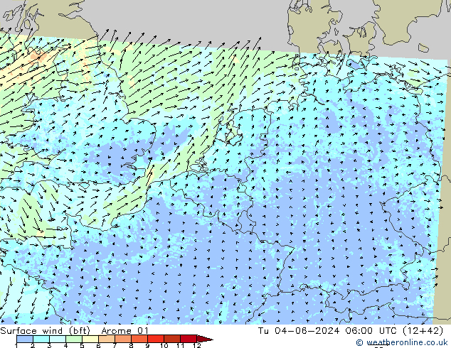 Rüzgar 10 m (bft) Arome 01 Sa 04.06.2024 06 UTC