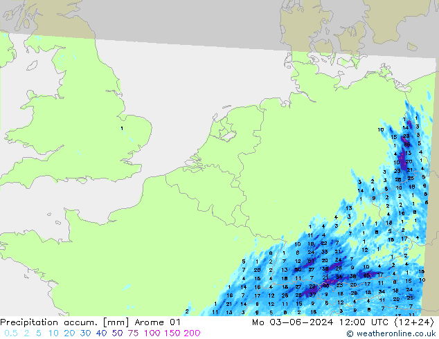 Precipitation accum. Arome 01 星期一 03.06.2024 12 UTC