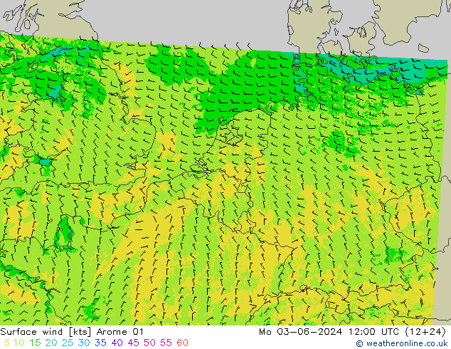 风 10 米 Arome 01 星期一 03.06.2024 12 UTC