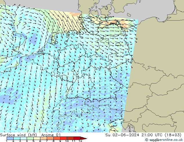 Bodenwind (bft) Arome 01 So 02.06.2024 21 UTC