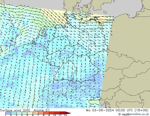 Surface wind (bft) Arome 01 Po 03.06.2024 00 UTC