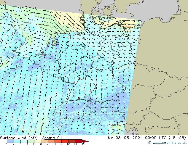 Viento 10 m (bft) Arome 01 lun 03.06.2024 00 UTC