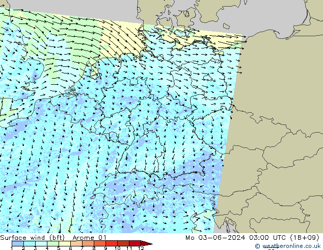 Wind 10 m (bft) Arome 01 ma 03.06.2024 03 UTC